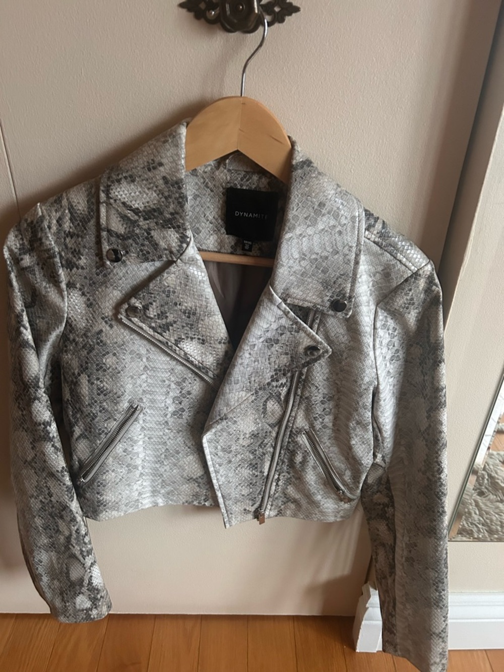 Dynamite Snake-Print Faux Leather Moto Jacket - Gray - Picture 3 of 4